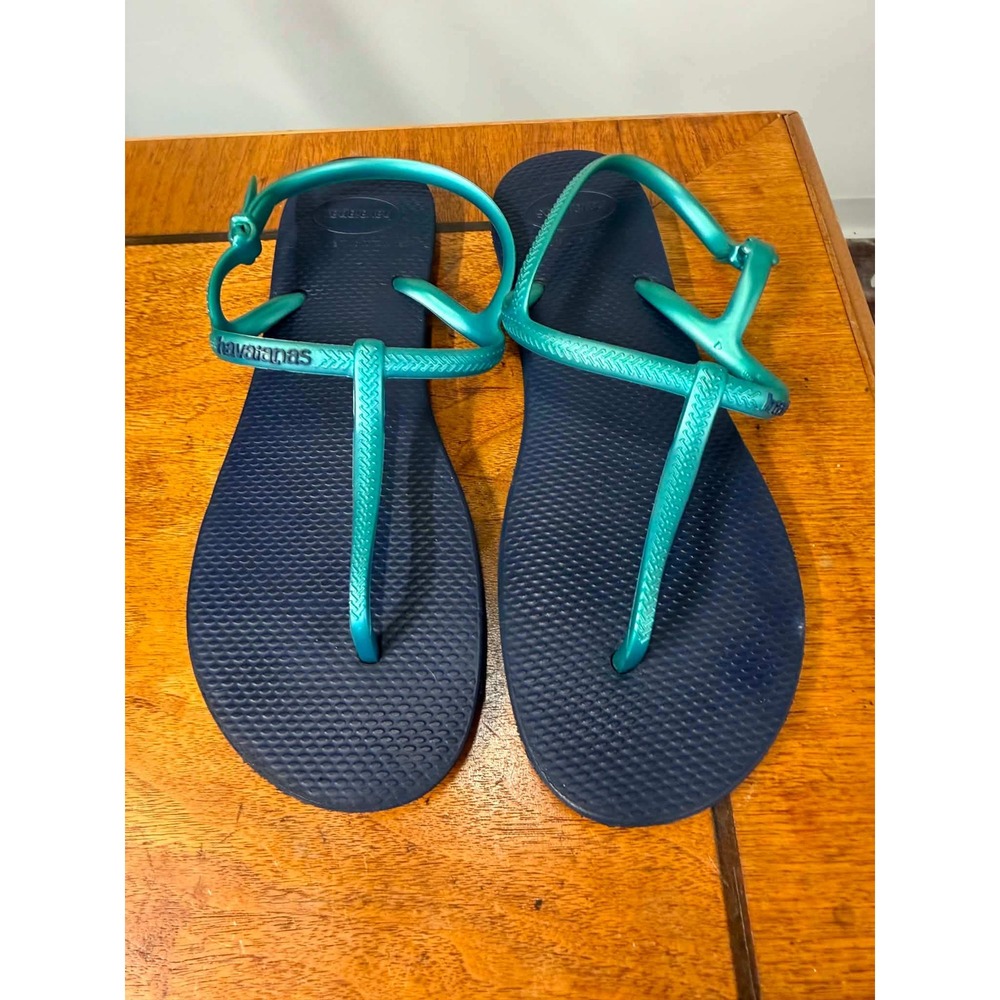 Havaianas Luna Sandals Womens 11-12 Navy Blue Metallic Teal Slingback Flip Flops